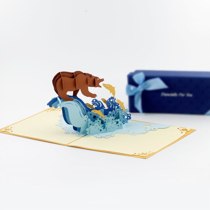 CUTE POPUP - Father's Day Card, Bear Catching Salmon Pop Up Card, Happy Birthday Popup Card, Greeting Cards, Perfect Handmade Present for Family and Friends or Fishing Lovers on Any Occasion - Image 2